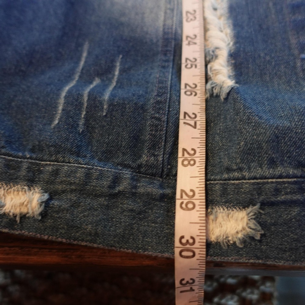 Y2K Denim Jacket Womens L XL Distressed Blue Jean Good Vibes Acid Wash Shirt - Picture 6 of 8